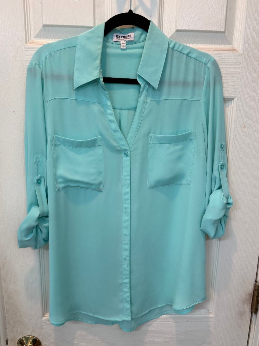 🛍️ EXPRESS The Portofino Shirt Aqua Seafoam Green Roll Tab Sleeve Blouse